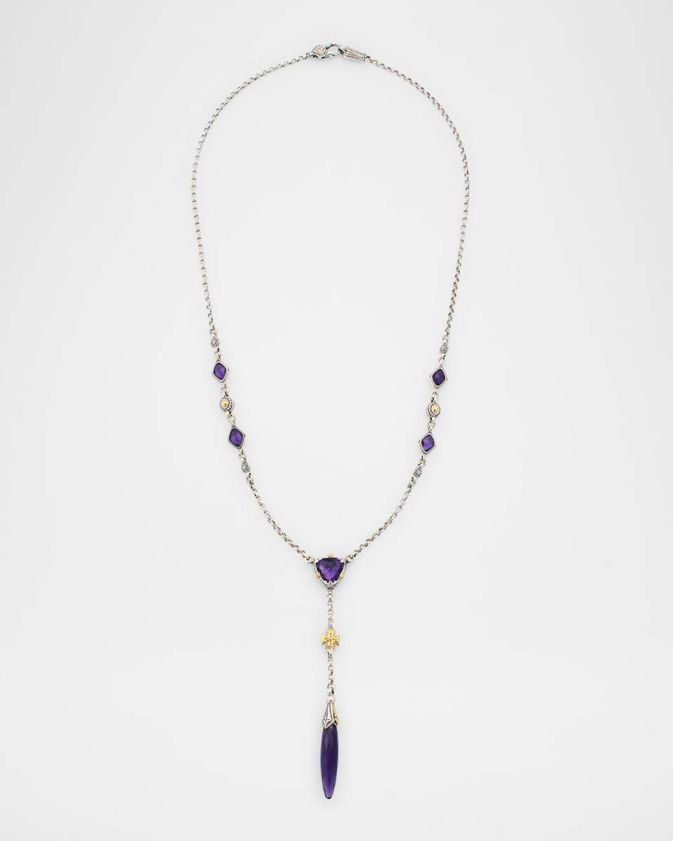 Anthos Cross and Dagger Drop Dark Amethyst Quartz Necklace